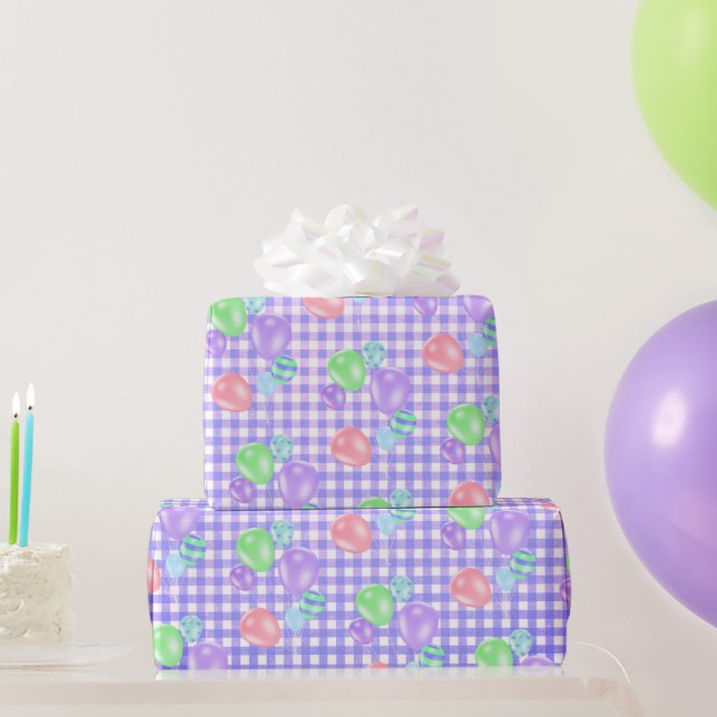 Papier Cadeau Ballons D'Anniversaire Sur Papier Violet En vichy  (Cadeaux de fête)
