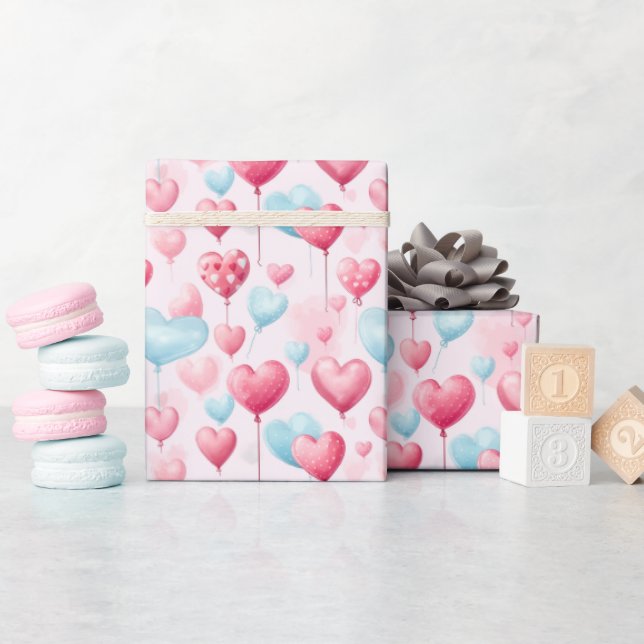 Papier Cadeau Ballons de coeur bleu et rose flottant (Baby Shower)