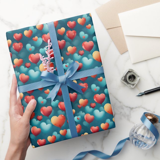 Papier Cadeau Ballons de coeur bleu et rouge mignons (Cadeaux)