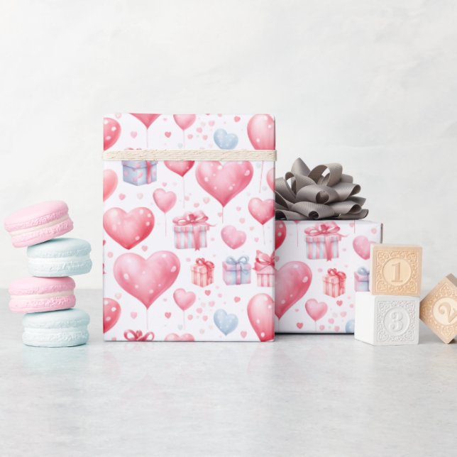 Papier Cadeau Ballons de coeur rose et boîtes cadeaux Aquarelle (Baby Shower)