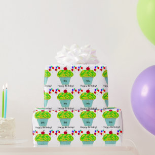 Papier Cadeau Ballons de fête d'anniversaire Jaune Vert Cupcake