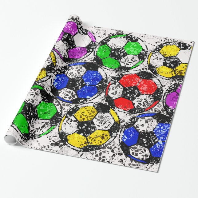 PAPIER CADEAU BALLONS DE FOOTBALL DANS LA COULEUR CHAOTIQUE (Déroulé)