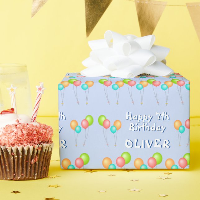Papier Cadeau Ballons de la fête bleue Enfant Joyeux anniversair (Fête d'anniversaire)