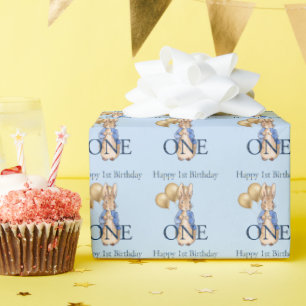 Papier Cadeau Ballons en or Lapin Classique Premier Anniversaire