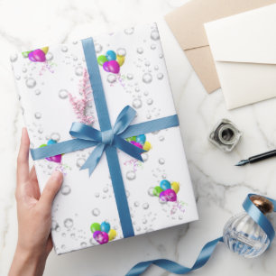 Papier Cadeau Ballons et gouttes de pluie d'anniversaire en blan