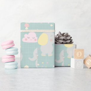 Papier Cadeau Balloon gris éléphant Vert Baby shower simple