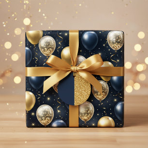 Papier Cadeau Balloons élégants bleu marine et doré pailletés po