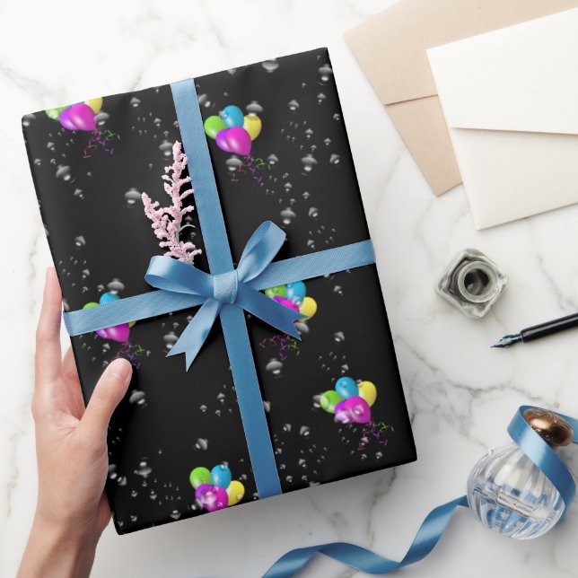 Papier Cadeau Ballotes à gouttes d'eau sur noir (Cadeaux)
