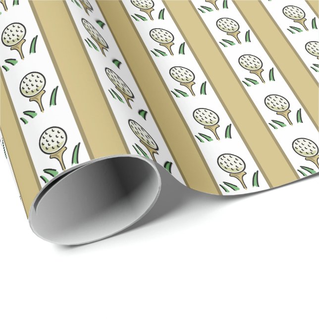 Papier Cadeau Balls de golf sur le Tee Gold et White (Coin rond)