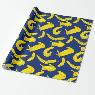 Papier Cadeau Banane bouts jaune vif, Royal Bleu motif