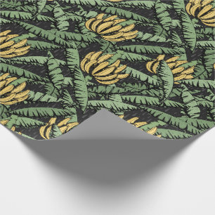 Papier Cadeau Banane et Feuilles noirs et jaunes tropicaux