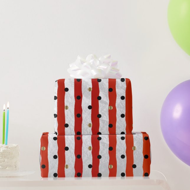 Papier Cadeau Bande et Pois sur le satin rouge Sheen (Cadeaux de fête)