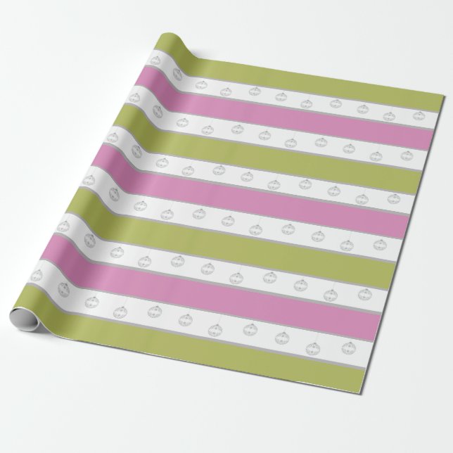 Papier Cadeau Bande verte, blanche et rose avec ornements (Déroulé)