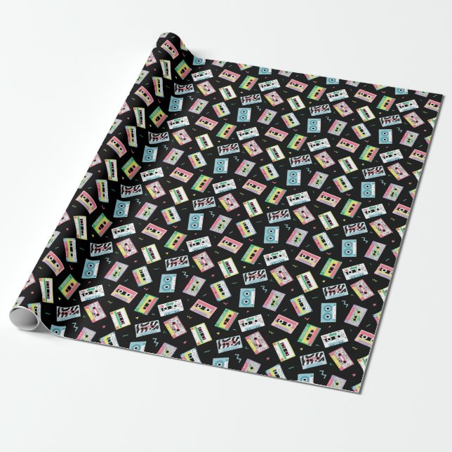 Papier Cadeau Bandes audio rétro, style motif des années 80. (Déroulé)