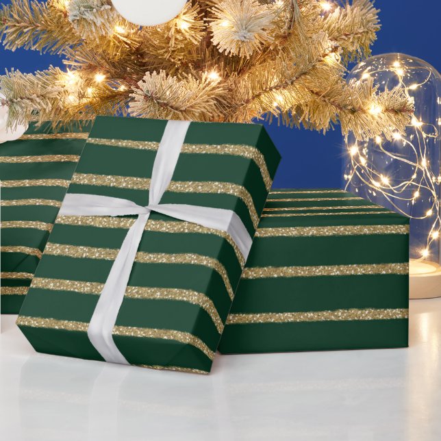 Papier Cadeau Bandes de pinceau vert or (Vacances)