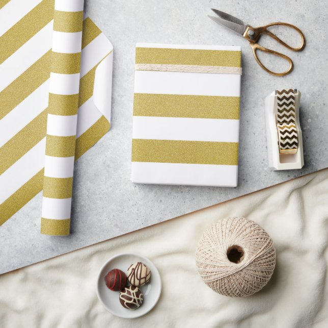 Papier Cadeau Bandes d'or, Blancs, Motif rayé (Artisanat)