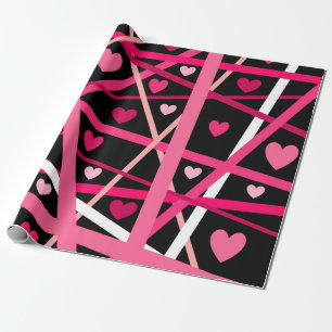 Papier Cadeau Bandes et coeurs rouges, roses et blancs