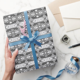 Papier Cadeau Bandes et formes géométriques gris blanc