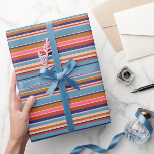 Papier Cadeau Bandes horizontales bleu rose terre cuite rétro