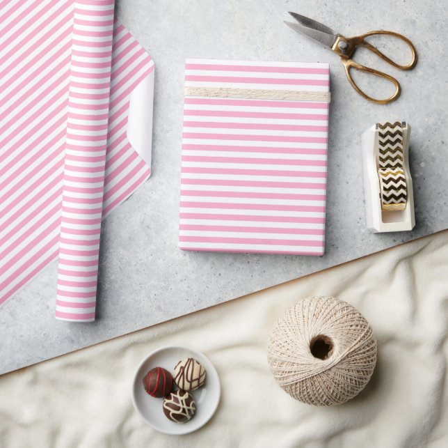 Papier Cadeau Bandes horizontales rose et blanc (Artisanat)