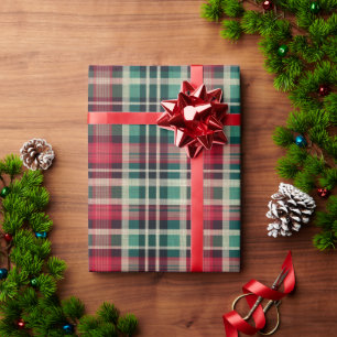 Papier Cadeau Bandes Plaid Vert Crème Rouge