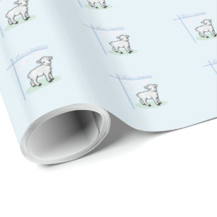 Papier Cadeau Baptême Agneau de garçon bleu, personnalisable