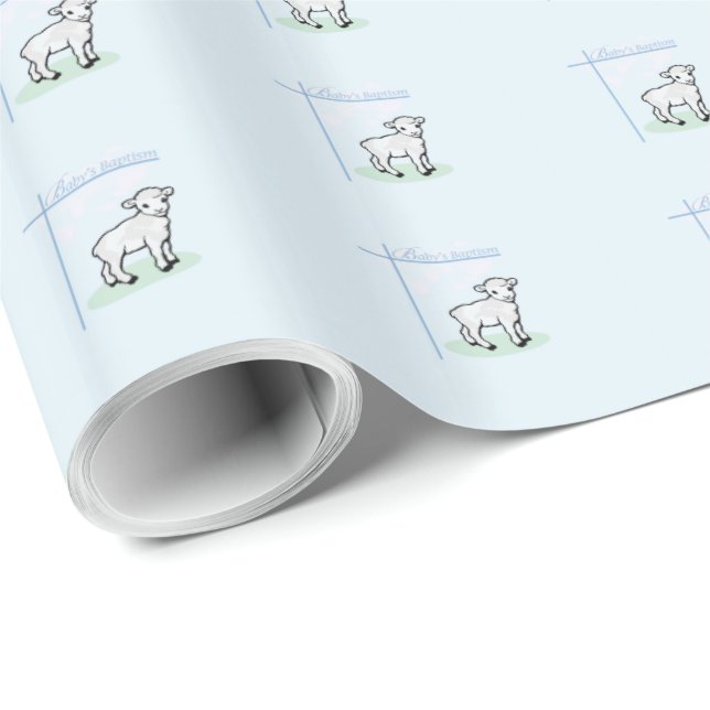 Papier Cadeau Baptême Agneau de garçon bleu, personnalisable (Coin rond)