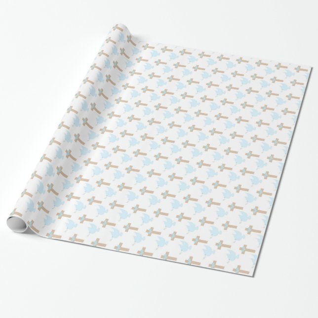 Papier Cadeau Baptême Bébé Garçon Papier d'enveloppement bleu (Déroulé)