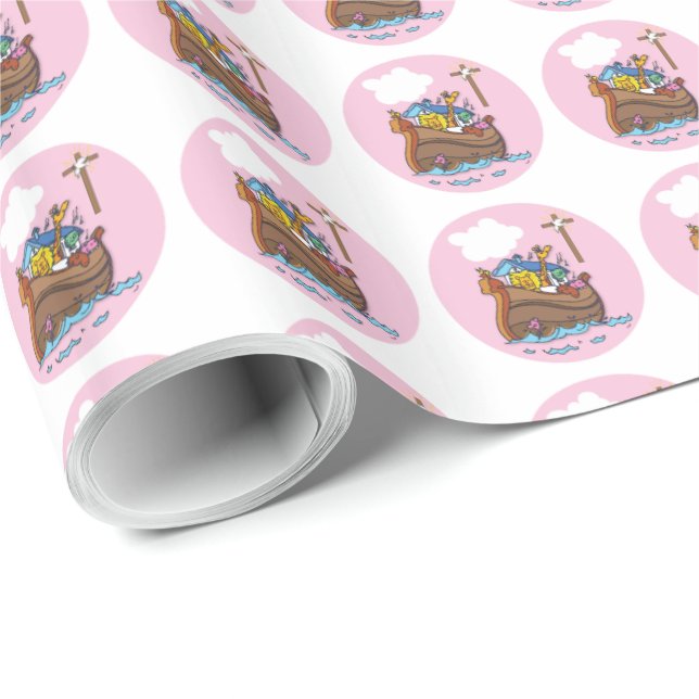Papier Cadeau Baptême bébé Noé's sur mesure, Rose fille (Coin rond)