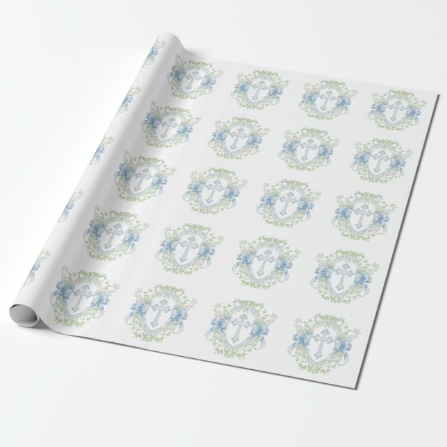 Papier Cadeau Baptême Croix Crest Verdure Baby Boy (Déroulé)