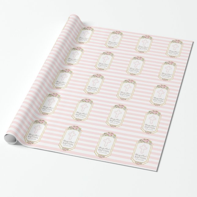 Papier Cadeau Baptême d'or floral rose rayures (Déroulé)