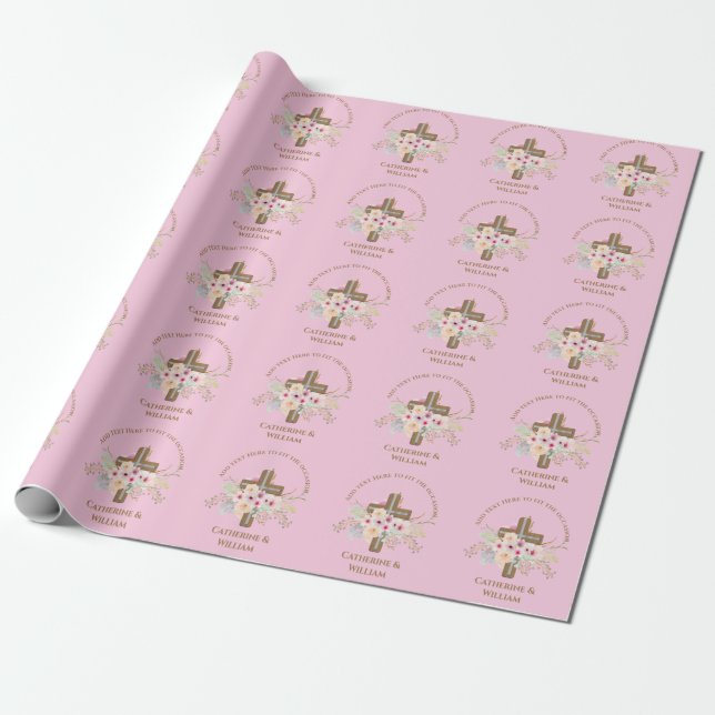Papier Cadeau Baptême personnalisé et croix florale (Déroulé)