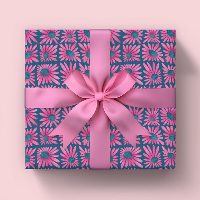 Papier Cadeau Barrage floral moderne imprimé rose marguerite (Modern block print pink floral retro kitsch wrapping paper rolls.)