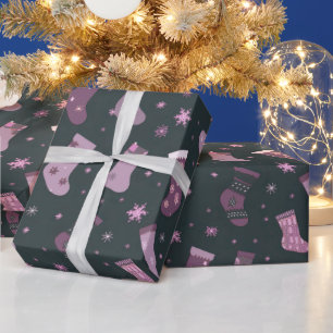 Papier Cadeau Bas de Noël violet et blanc Noir Noël