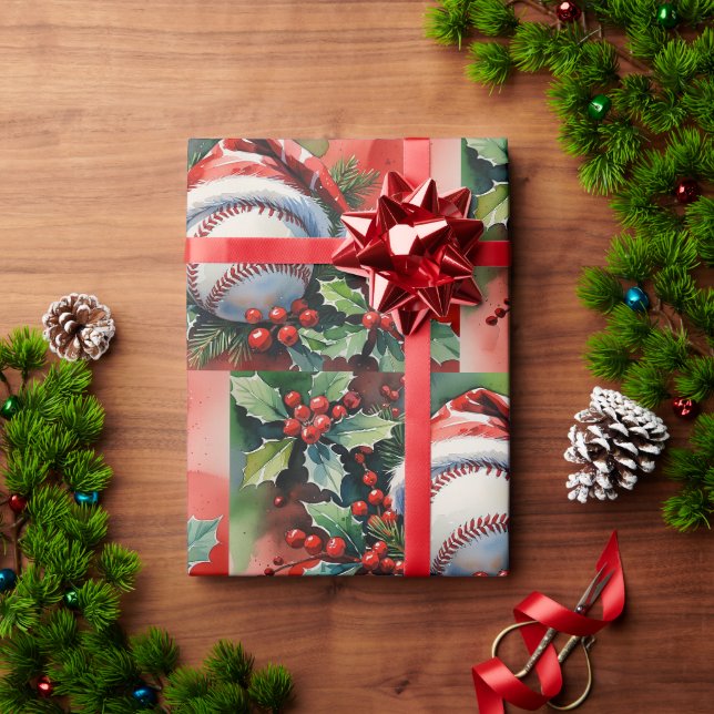 Papier Cadeau Baseball Christmas themed with Santa Hat  (Cadeau de vacances)