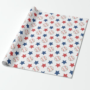 Papier Cadeau Baseball et étoiles Rouge Blanc et bleu Motif