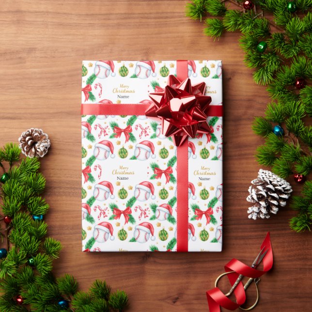 Papier Cadeau Baseball for Christmas with Santa Hat  (Cadeau de vacances)