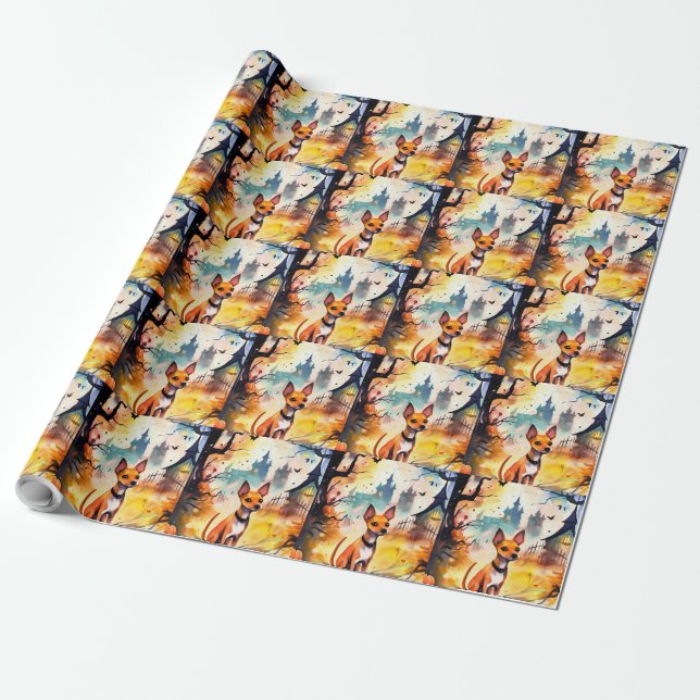 Papier Cadeau Basenji D'Halloween Avec Peur Citrouille (Déroulé)