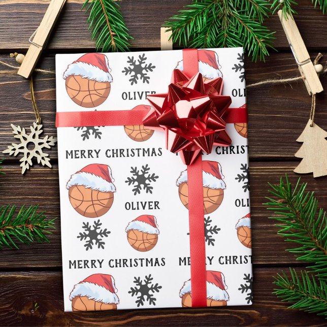 Papier Cadeau Basket-ball avec le Santa Hat rouge Nom du flocon  (Créateur téléchargé)