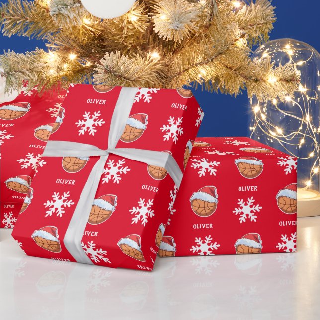 Papier Cadeau Basket-ball avec Red Santa Hat Snowflon Nom (Vacances)