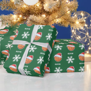 Papier Cadeau Basket-ball avec Red Santa Hat Snowflon Nom