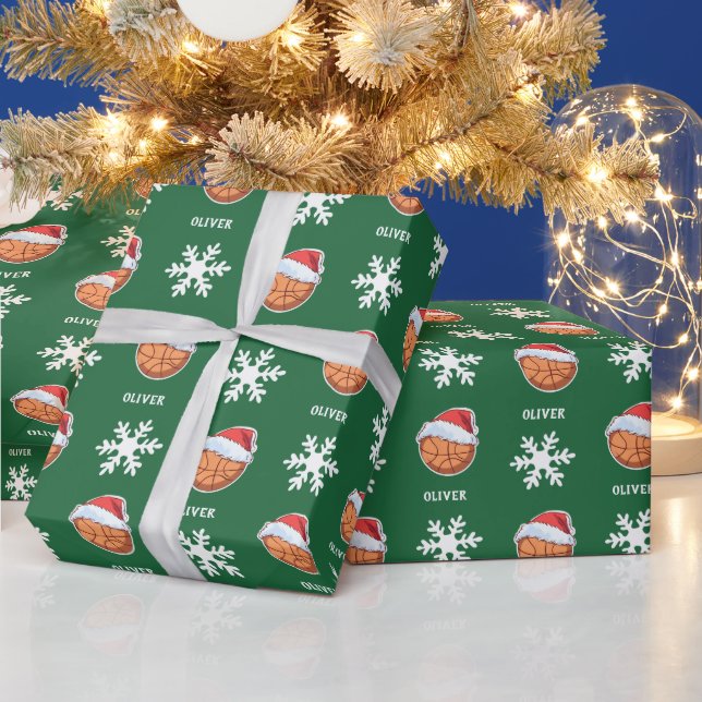 Papier Cadeau Basket-ball avec Red Santa Hat Snowflon Nom (Vacances)