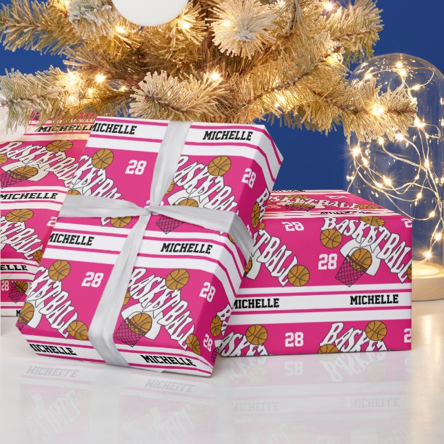 Papier Cadeau Basket-ball Hot Rose & White Strips (Vacances)