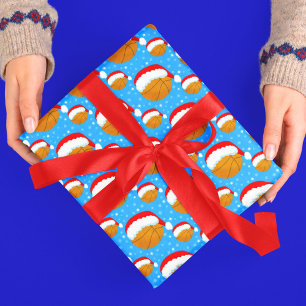 Papier Cadeau Basket-ball portant Père Noël Casquette et flocons