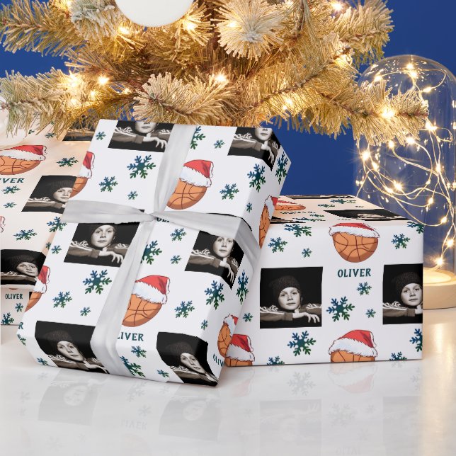 Papier Cadeau Basket Ball Santa Hat Snowflake Nom Photo (Vacances)