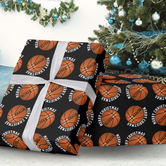 Papier Cadeau Basketball Balls Enfants Nom Noir Noël (Créateur téléchargé)