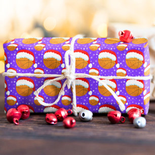 Papier Cadeau Basketball portant le chapeau du Père Noël et floc