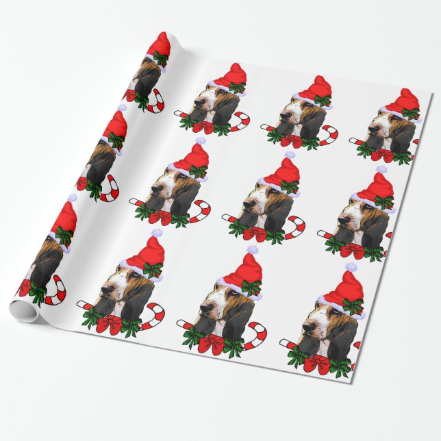 Papier Cadeau Basset Hound Père Noël Noël (Déroulé)