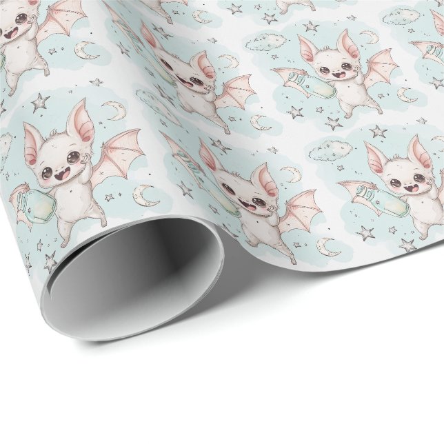 Papier Cadeau Bat Cute Baby Pastel Motif d'aquarelle (Coin rond)