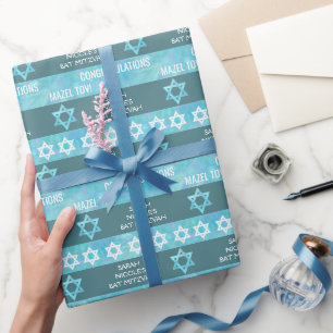 Papier Cadeau Bat mitzvah Bleu Opal Motif de bande élégant